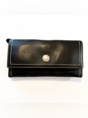 Coach Black Leather Long Wallet Pink Interior Snap Closure Checkbook Style